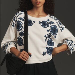 Anthropologie White and Blue Embroidered Sweatshirt XL